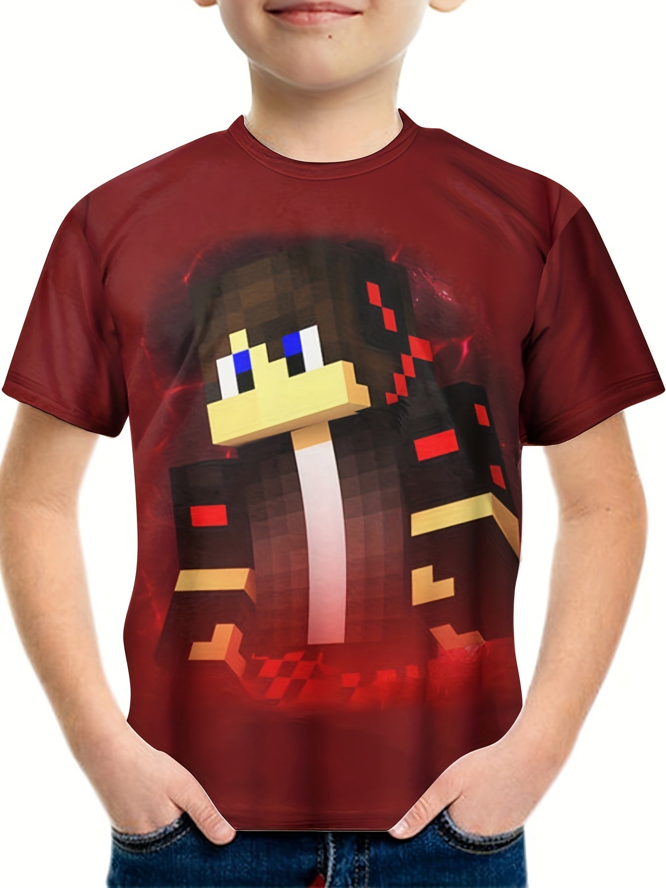 Pixel Character Print Tee Tops Boys Round Neck Casual Short Sleeve T shirt