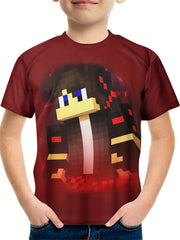 Pixel Character Print Tee Tops Boys Round Neck Casual Short Sleeve T shirt