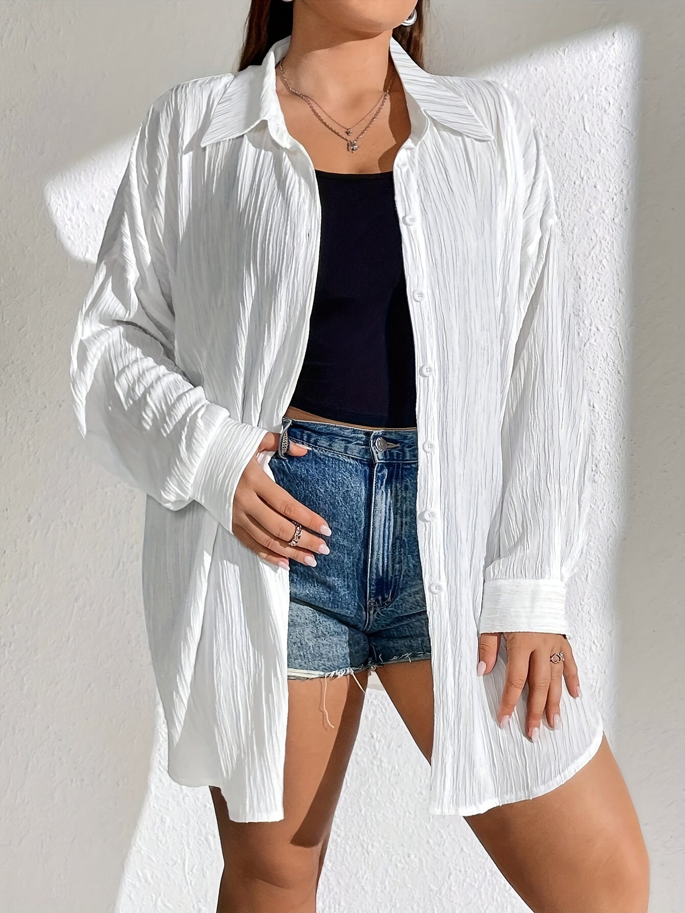  Solid Crinkle Button Up Long Sleeve Blouse