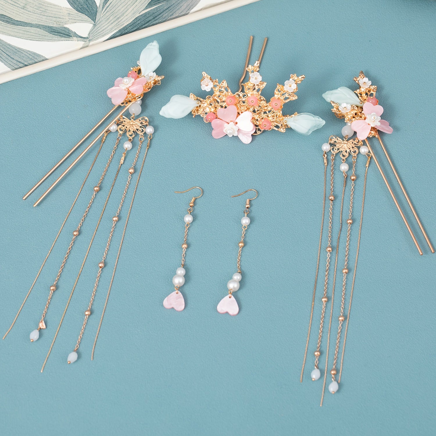 Ancient Style Flower Headdress Set Hairpin Earrings Women's Hair Accessories