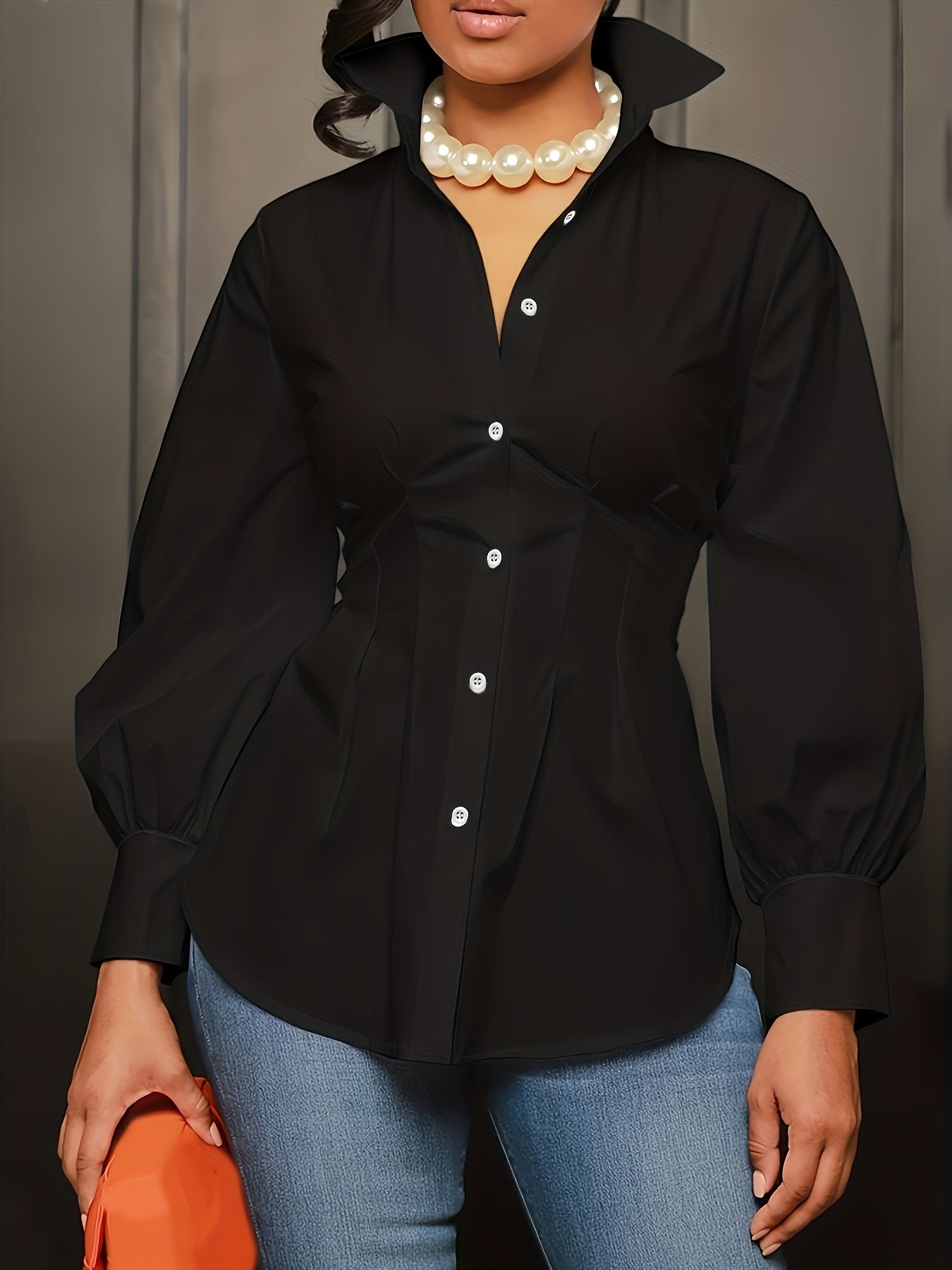  Casual Blouse Button Up Lantern Sleeve Turn Down Collar Blouse
