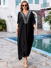 Boho Kaftan Dress Women's Plus Floral Embroidered Bat Sleeve