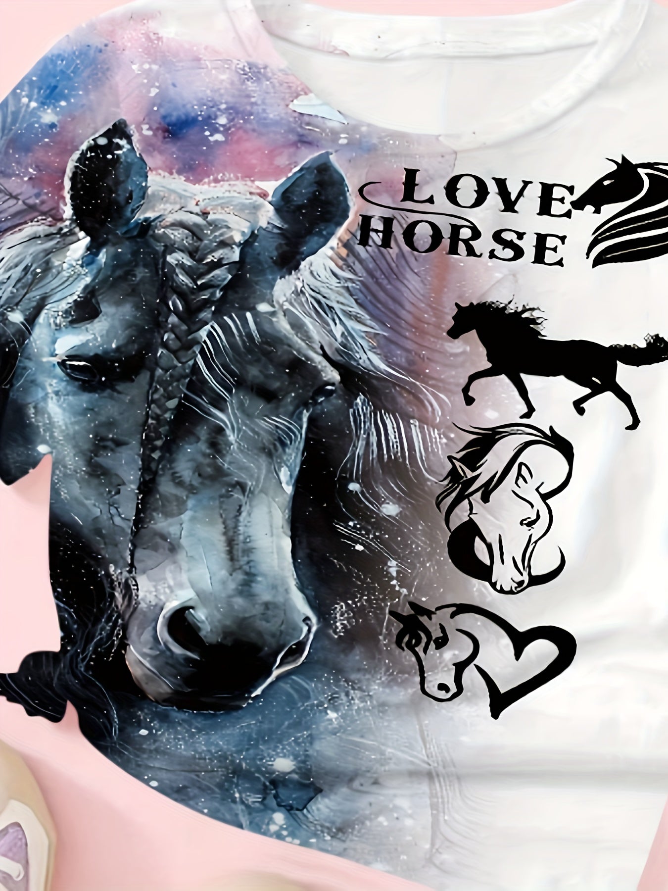 Girls Horse Pattern Short Sleeve T-shirt for Summer Sports