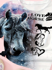Girls Horse Pattern Short Sleeve T-shirt for Summer Sports