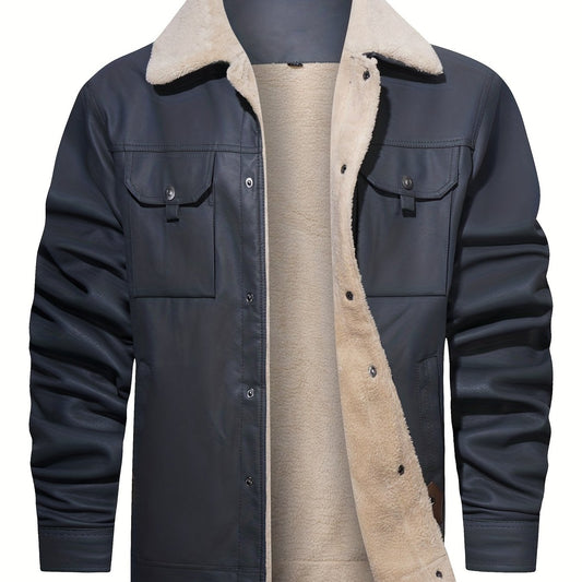 Men's Classy Fleece PU Jacket with Fur Collar