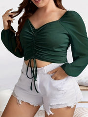  Solid Ribbed Drawstring Ruched Lantern Sleeve Crop Top