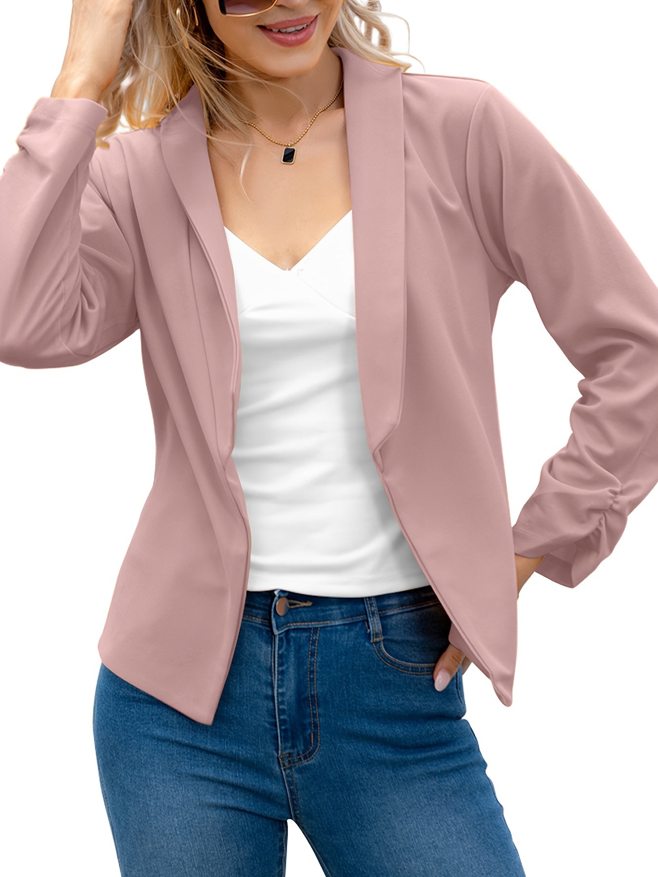 Long Sleeve Open Front Lapel Blazer & Stylish Tops For Office
