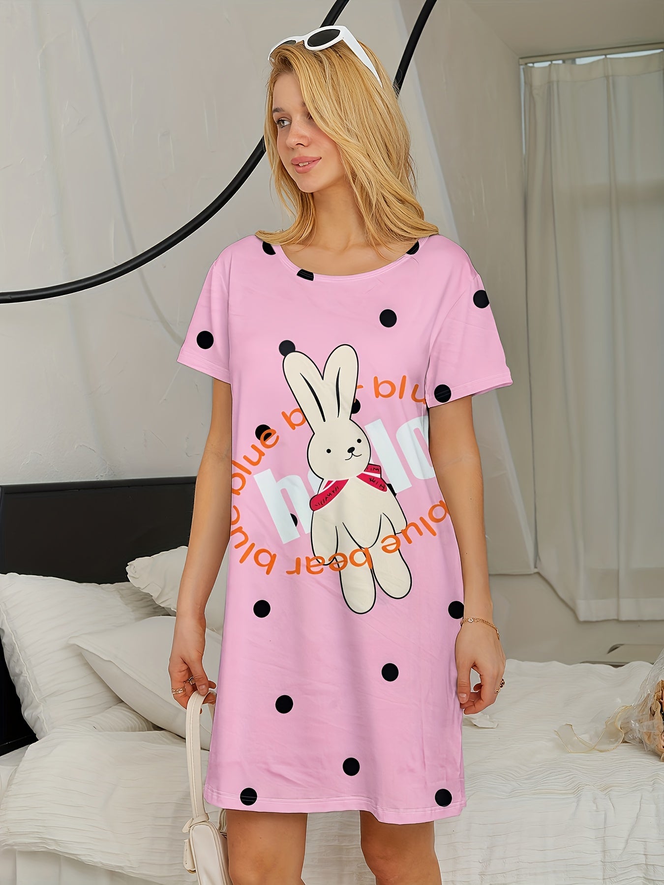 Bunny Print Lounge Dress - Women's Comfy Short Sleeve Home Dress