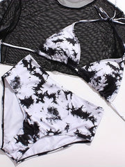  Rainbow Tie Dye Mesh Crop Top & Panties & Bra Swimsuit Set