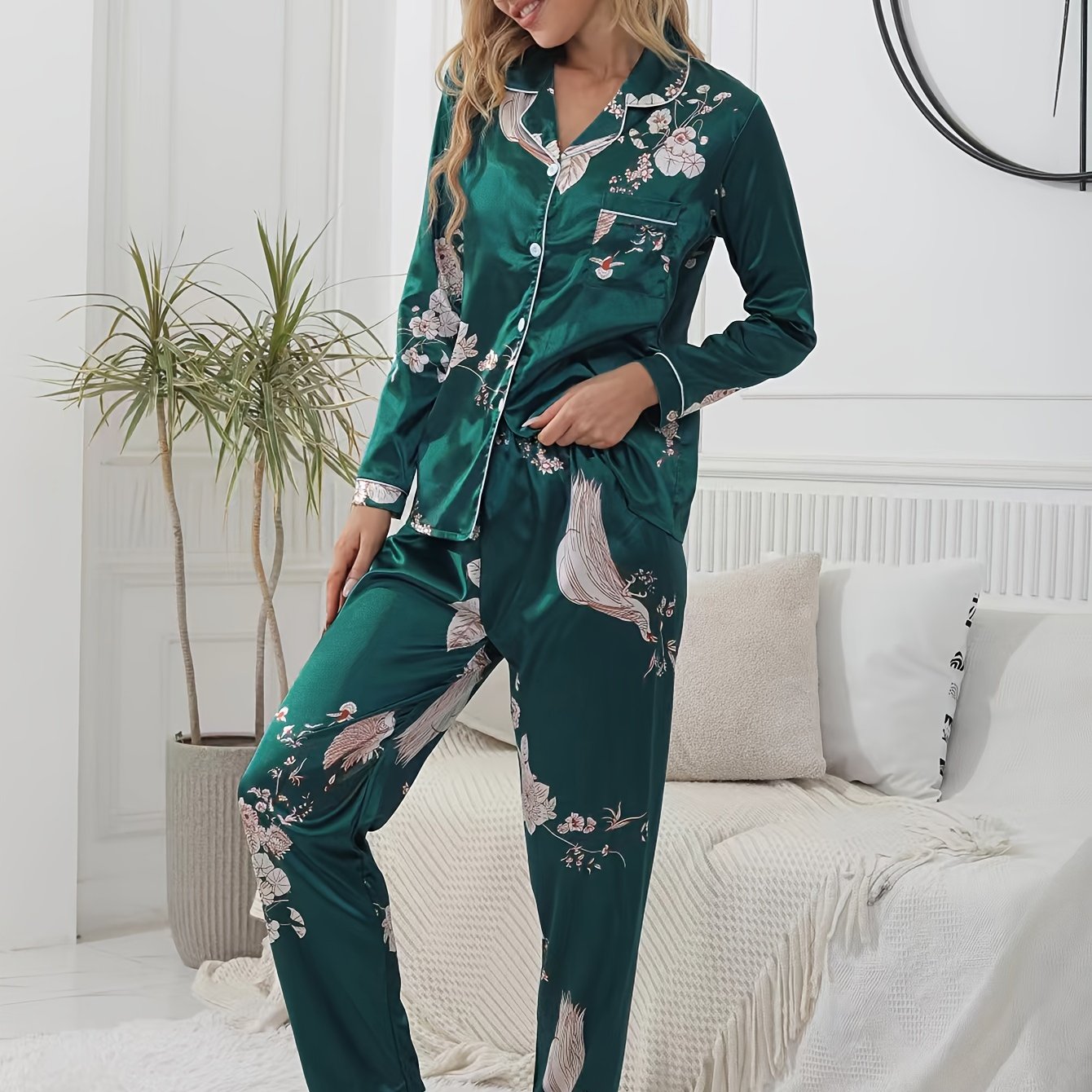 Floral Satin Pajama Set Long Sleeve Tops & Pants Women's Loungewear
