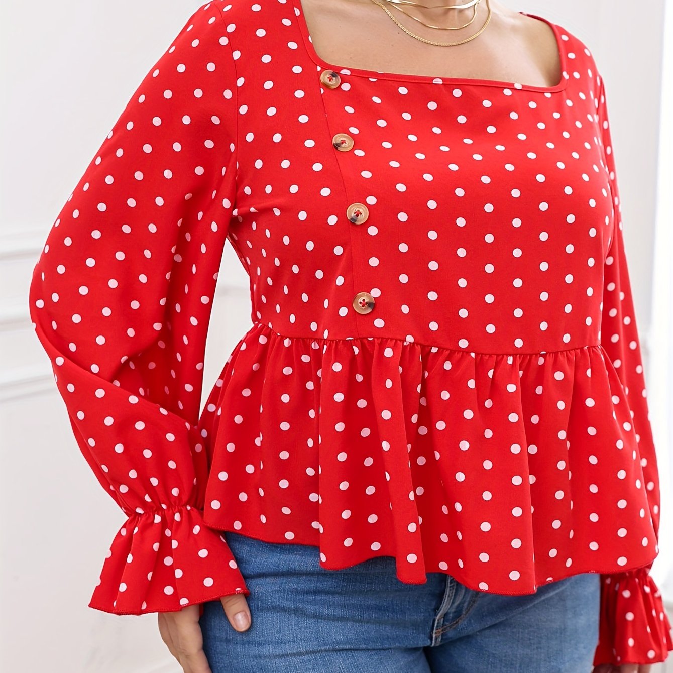  Polka Dot Lantern Sleeve Peplum Top