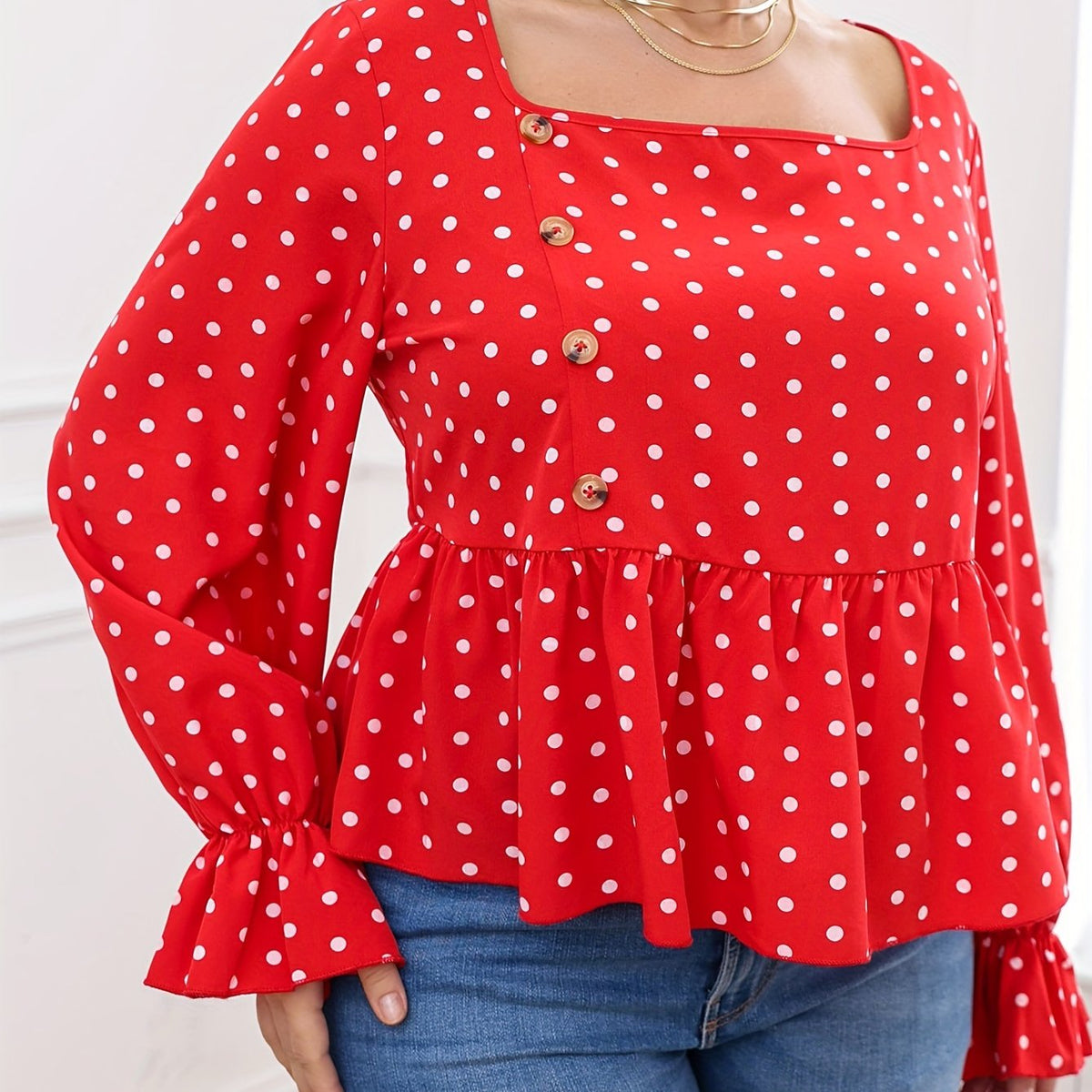  Polka Dot Lantern Sleeve Peplum Top