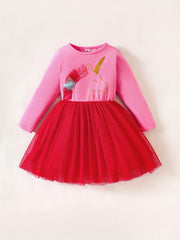 Girls Unicorn Cartoon Print Long Sleeve Tutu Dress