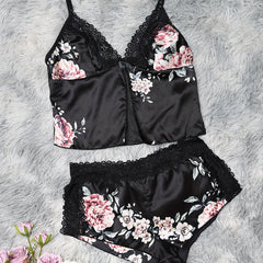 Floral Print Lace Trim V Neck Cami Top & Shorts
