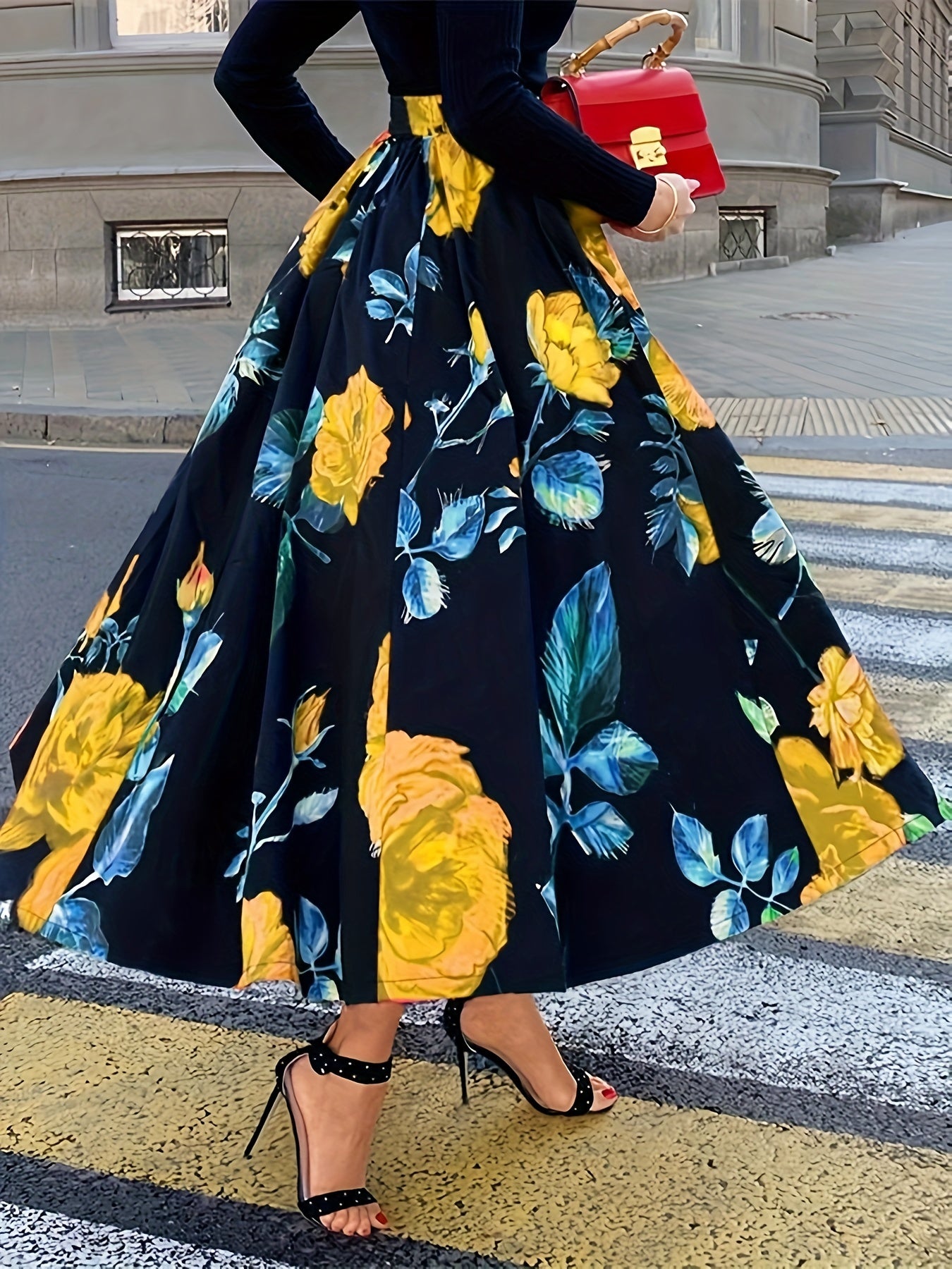  Floral Print High Rise A Line Maxi Skirt