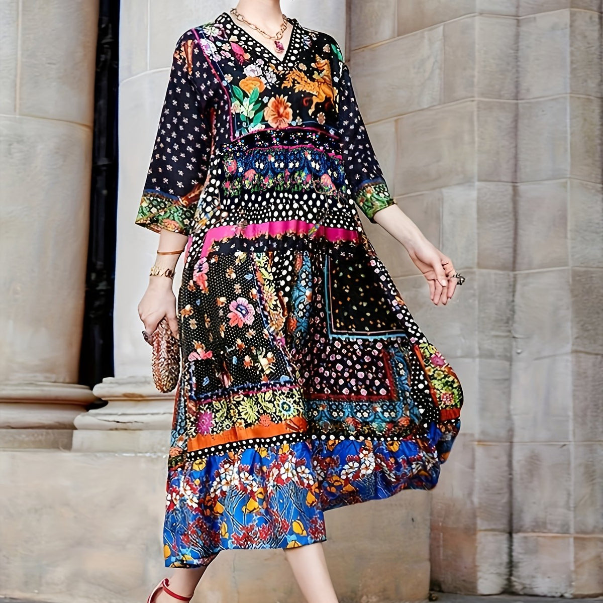  Boho Dress Womens Printed V Neck Midi Dress