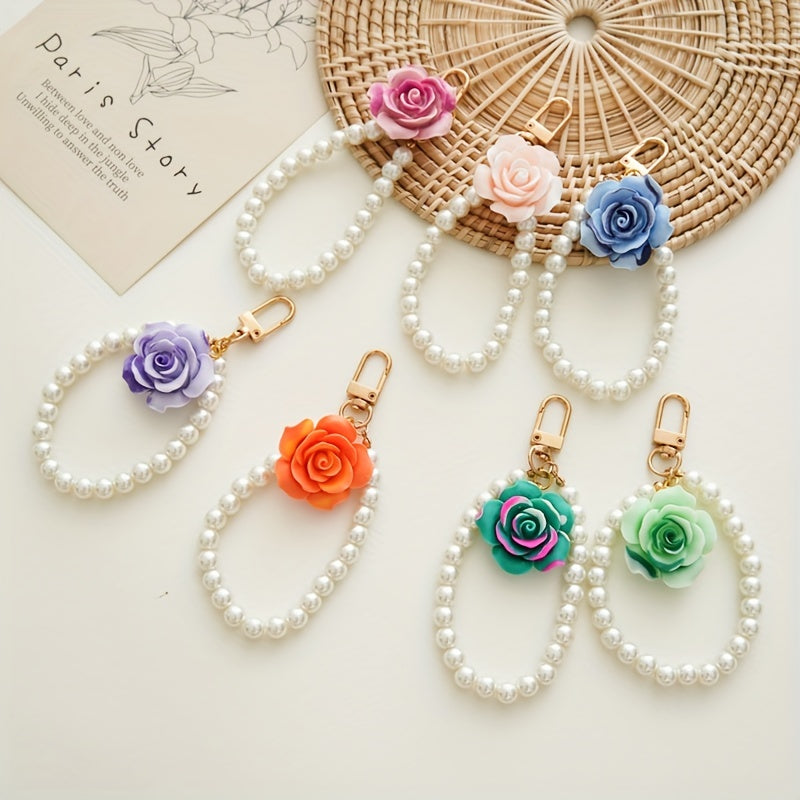 Faux Pearl Wristlet Keychain Gradient Matte Flower Key Chain