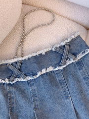 Pleated Double Button Cross Denim Skirt