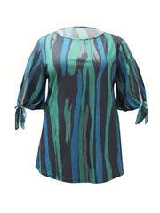  Knot Cut Out Sleeve Stripe Print Blouse