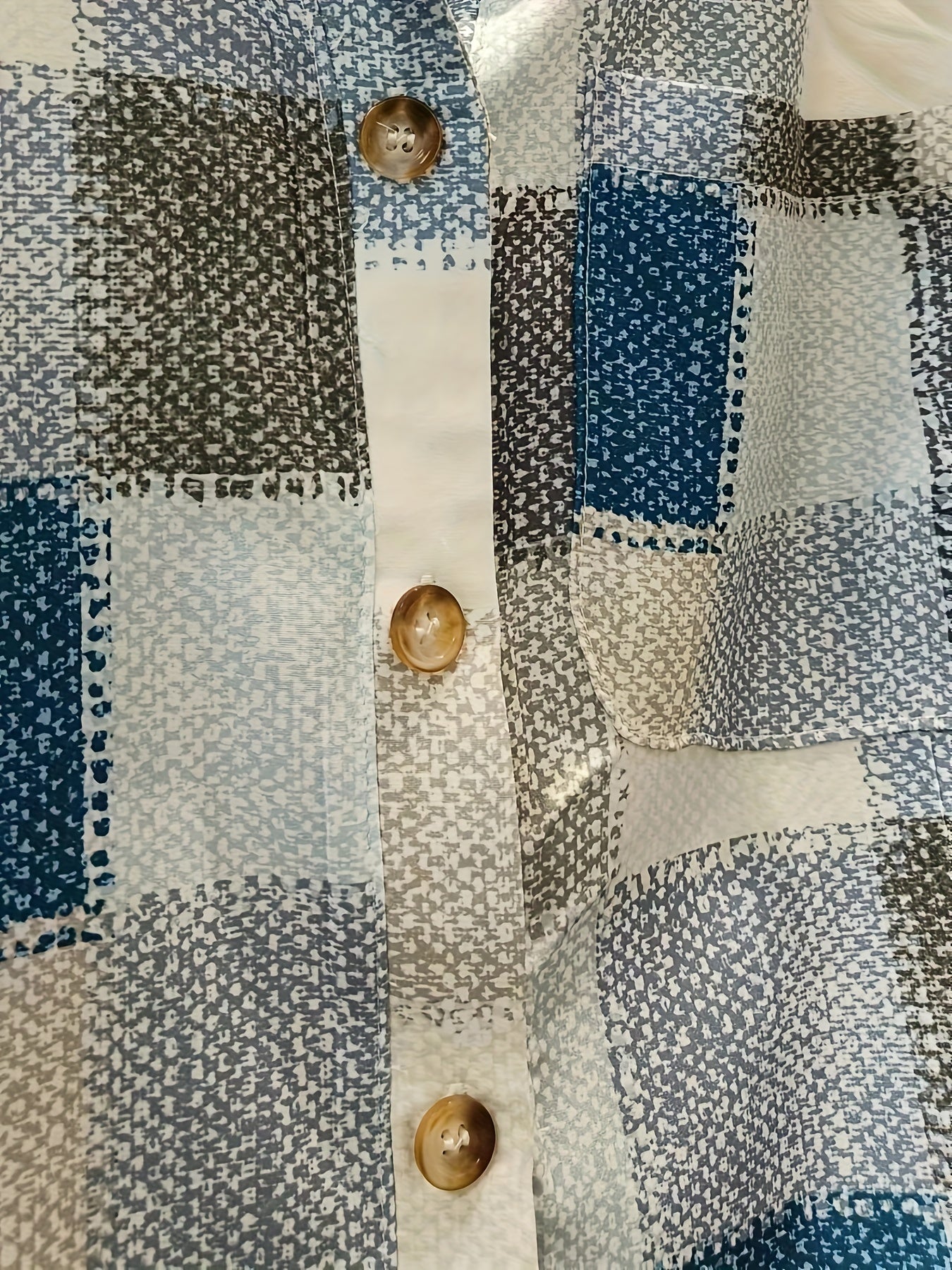  Colorblock Denim Print Button Up Blouse