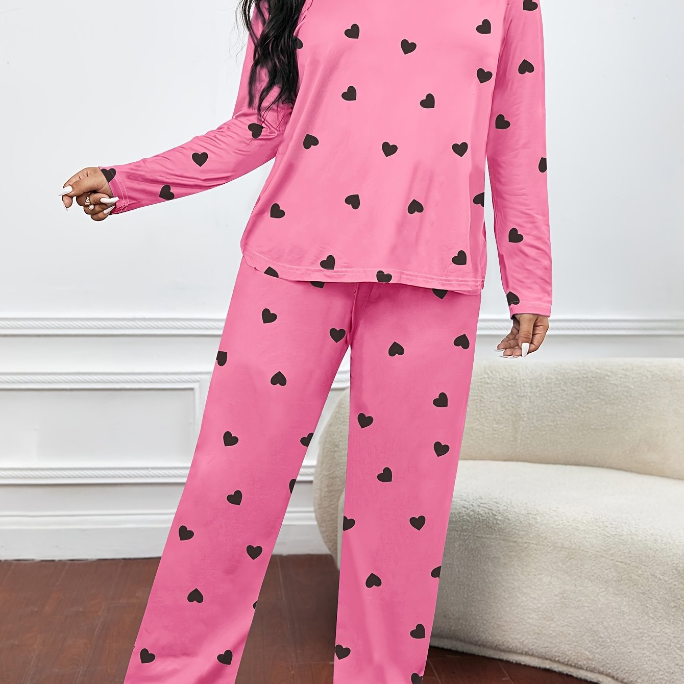 Heart Print Long Sleeve Tee & Pants Lounge 2 Piece Set
