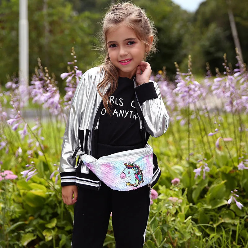 Sequins Glitter Women Fanny Pack Bag Unicorn Print Pouch