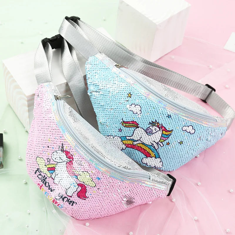 Sequins Glitter Women Fanny Pack Bag Unicorn Print Pouch