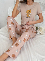 Cartoon Bear Lounge Set Short Sleeve Top & Pants Women's Pajama Set