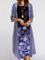 Solid Open Front Coat & Floral Print Tank Dress Set