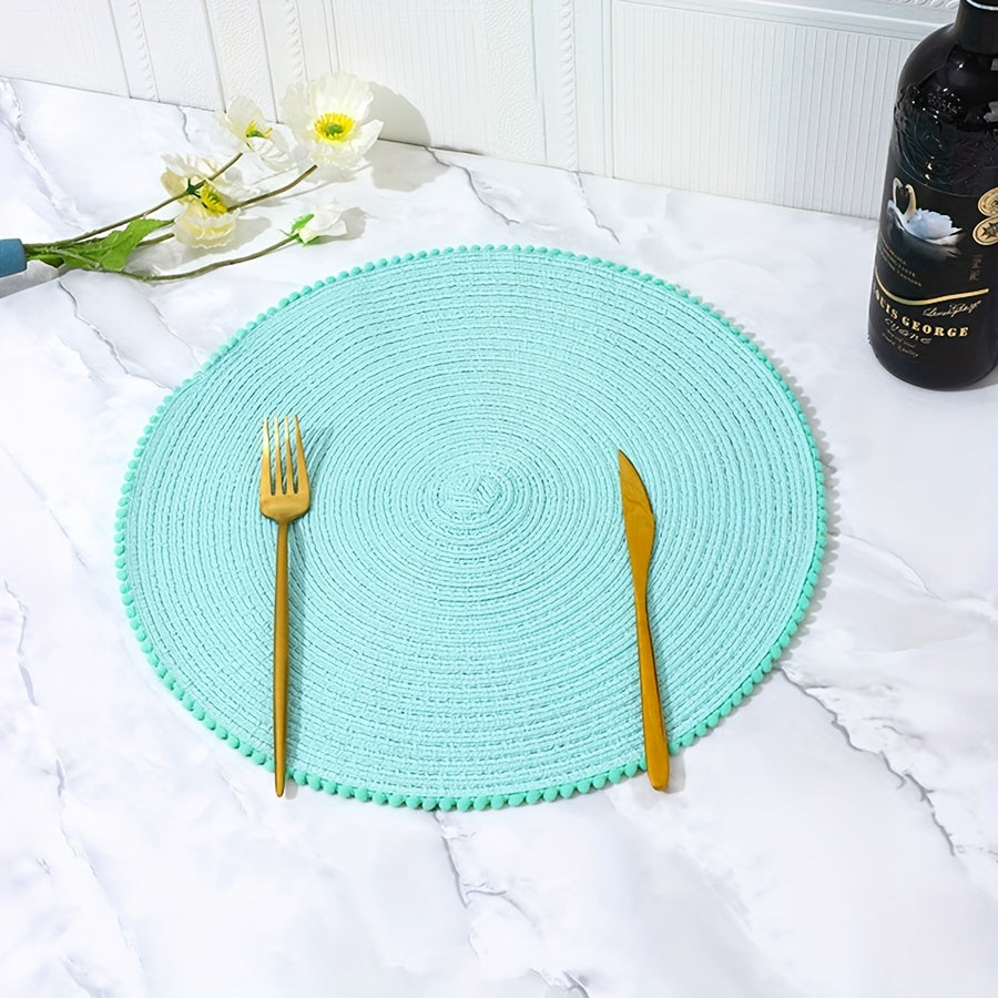 6pcs Cotton Placemat Round Yarn Fur Ball Lace Table Mat