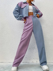  Colorblock Corduroy Shacket & Wide Leg Pants Set