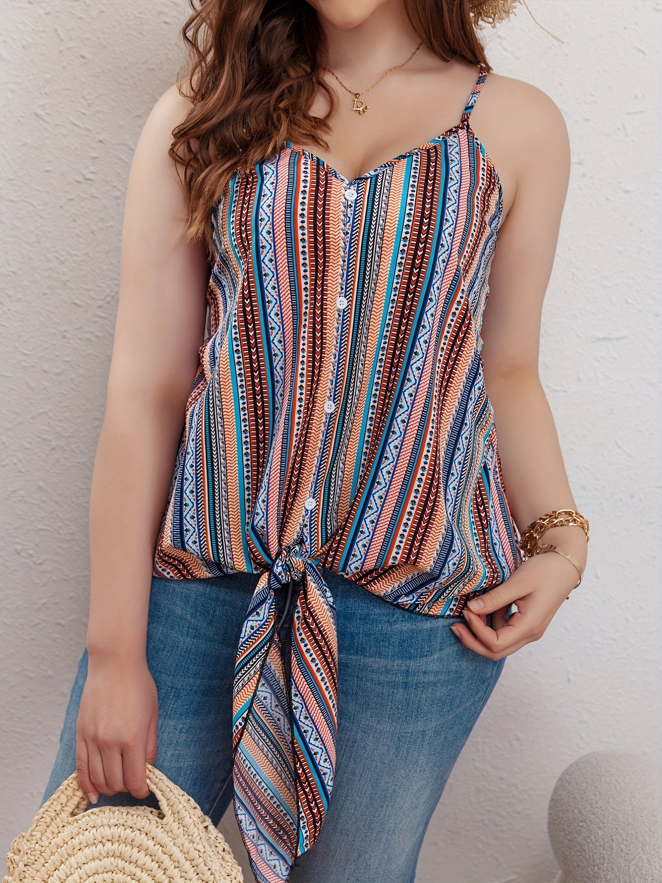  Striped Print Button Decor V Neck Tie Front Cami Top