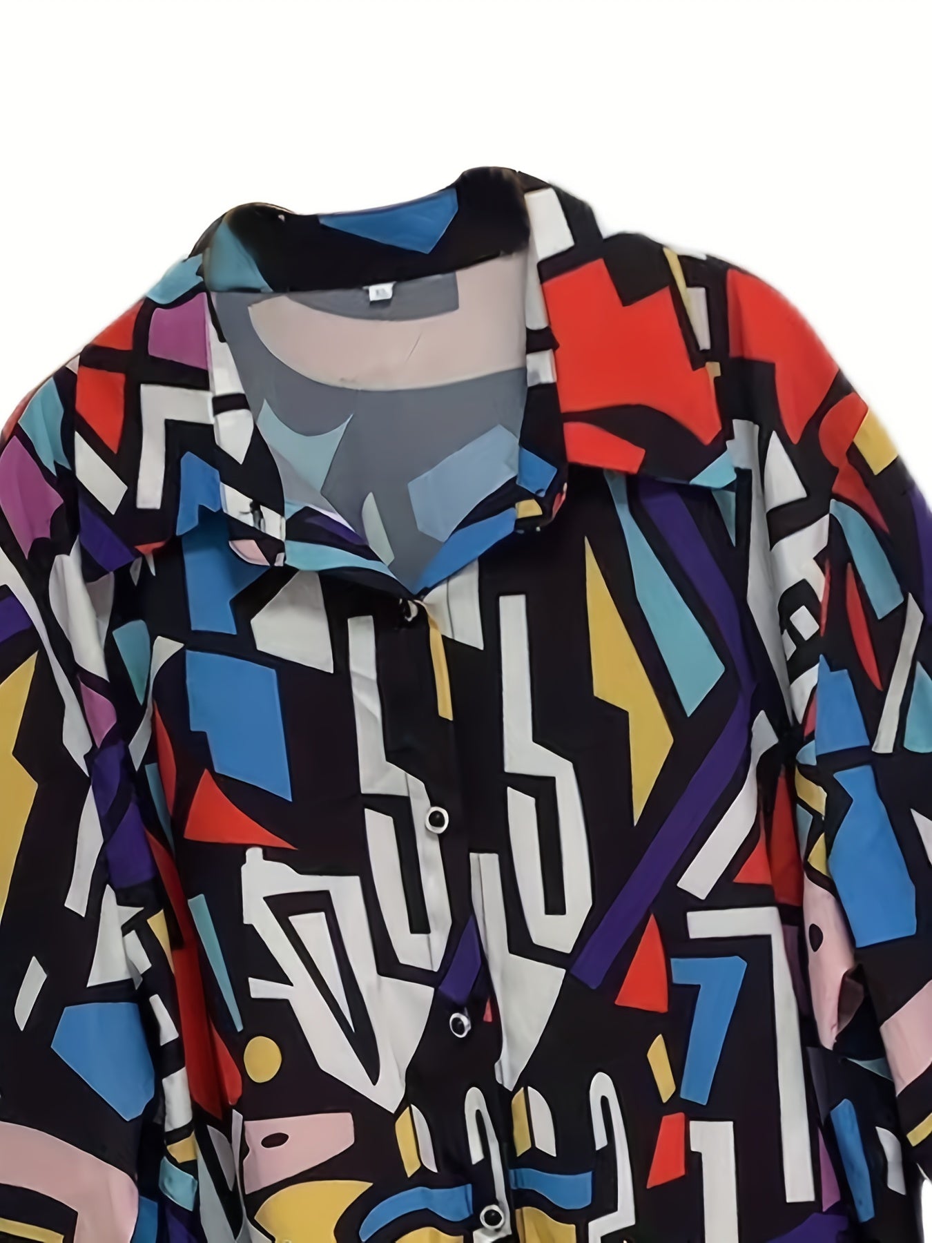  Colorblock Geometric Print Button Up Blouse