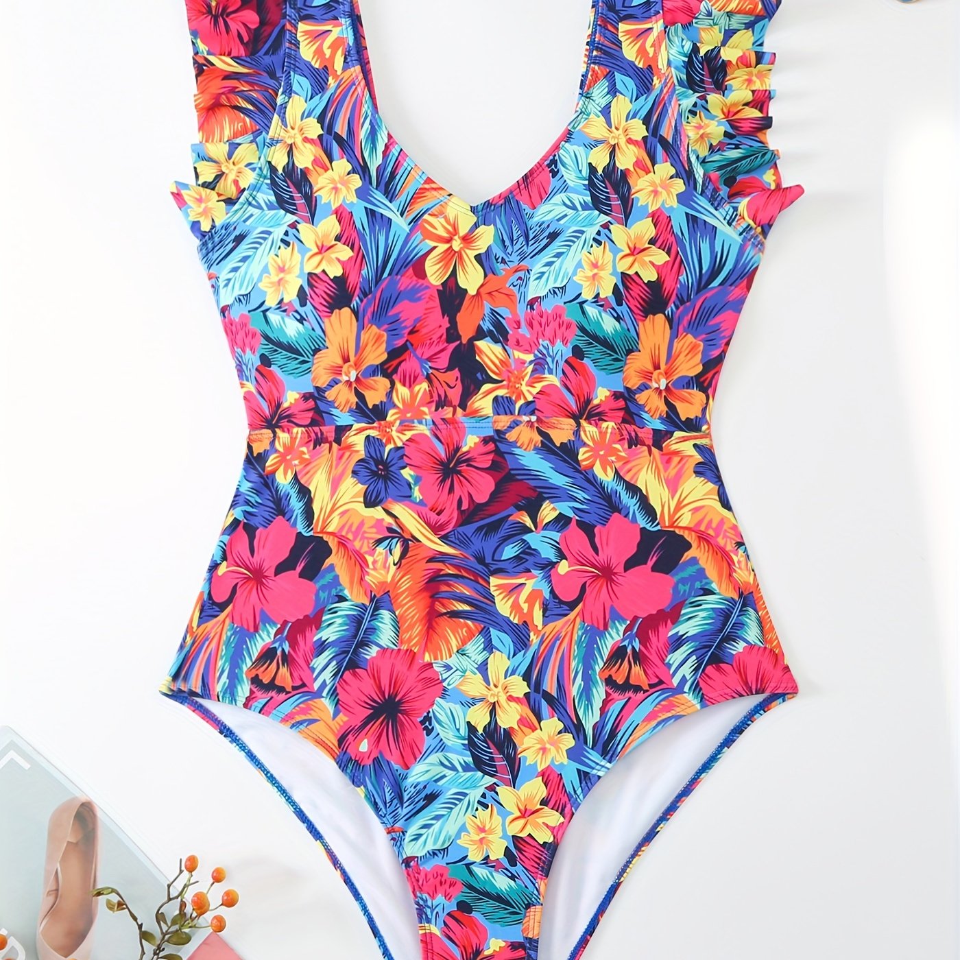  Floral Print V Neck Ruffle Trim One Piece Bathing Suit