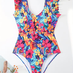  Floral Print V Neck Ruffle Trim One Piece Bathing Suit