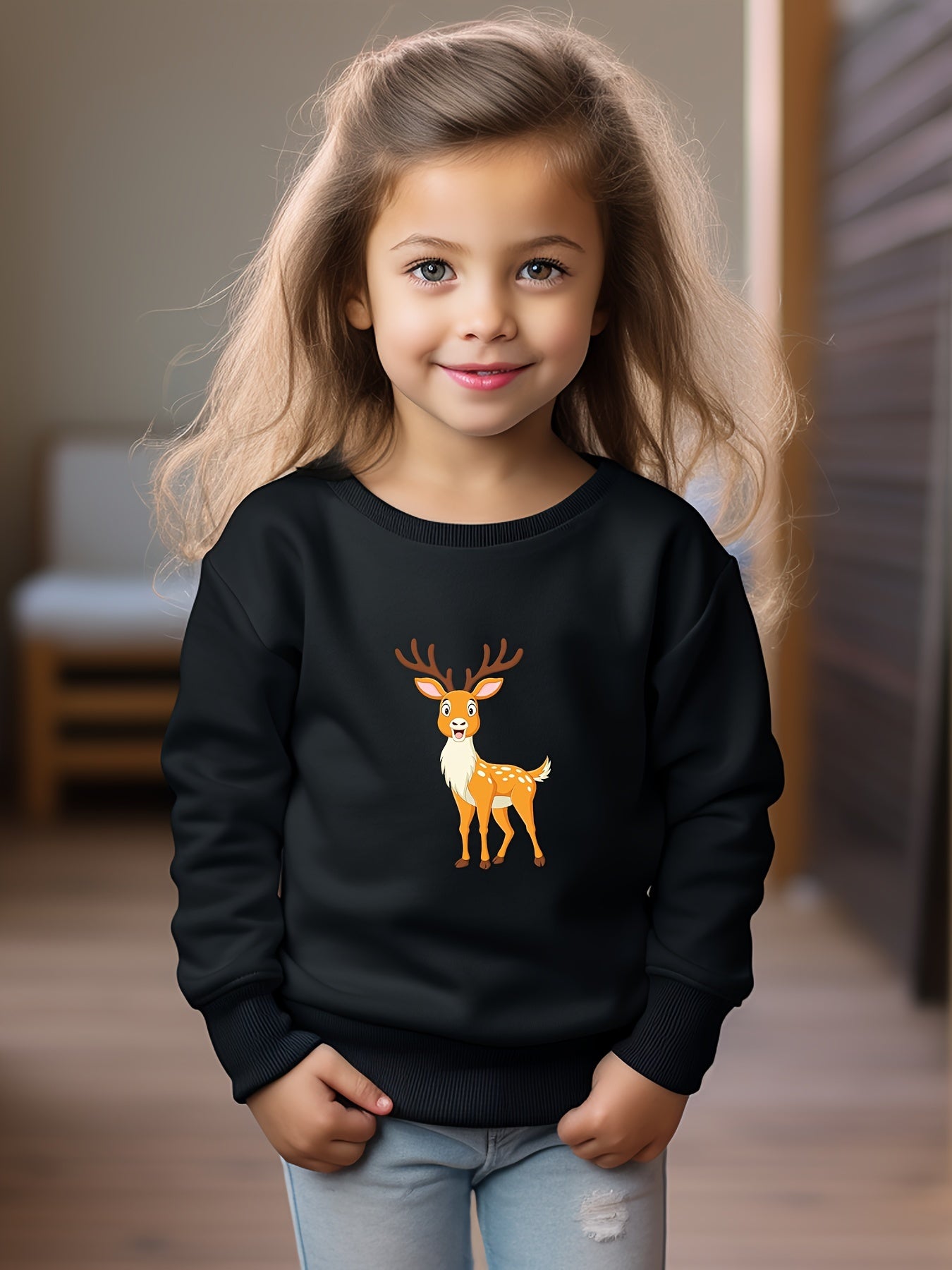 Girls Deer Pattern Crew Neck Sweatshirt for Spring Fall