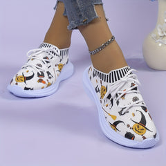 Halloween Pumpkin Print Mesh Running Shoes
