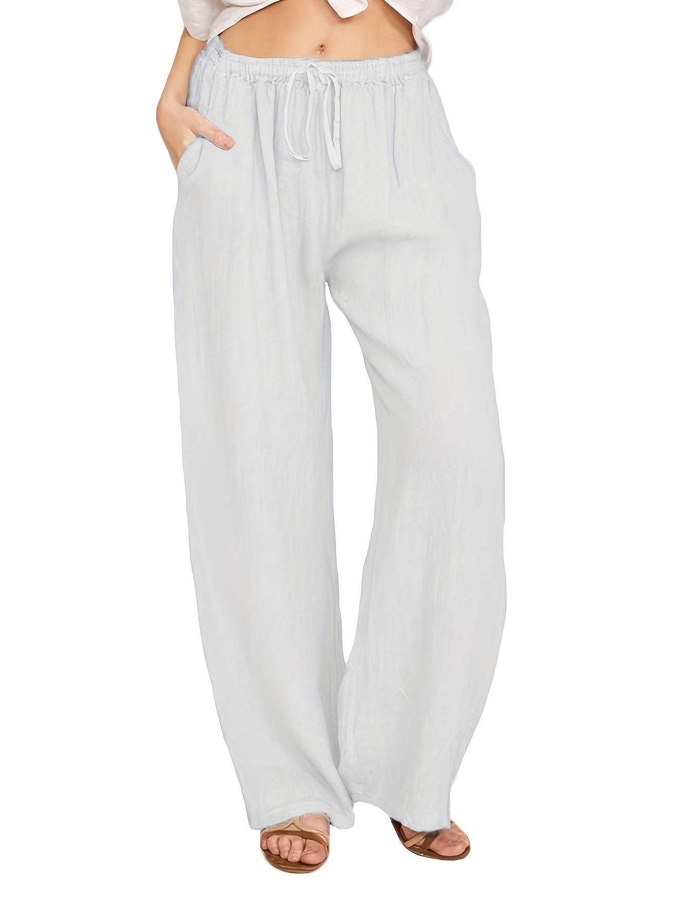  Solid Wide Leg Pants With Pockets