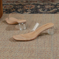 Crystal Block Heel Sandals Double Strap Pumps Square Toe Women's Summer Heels