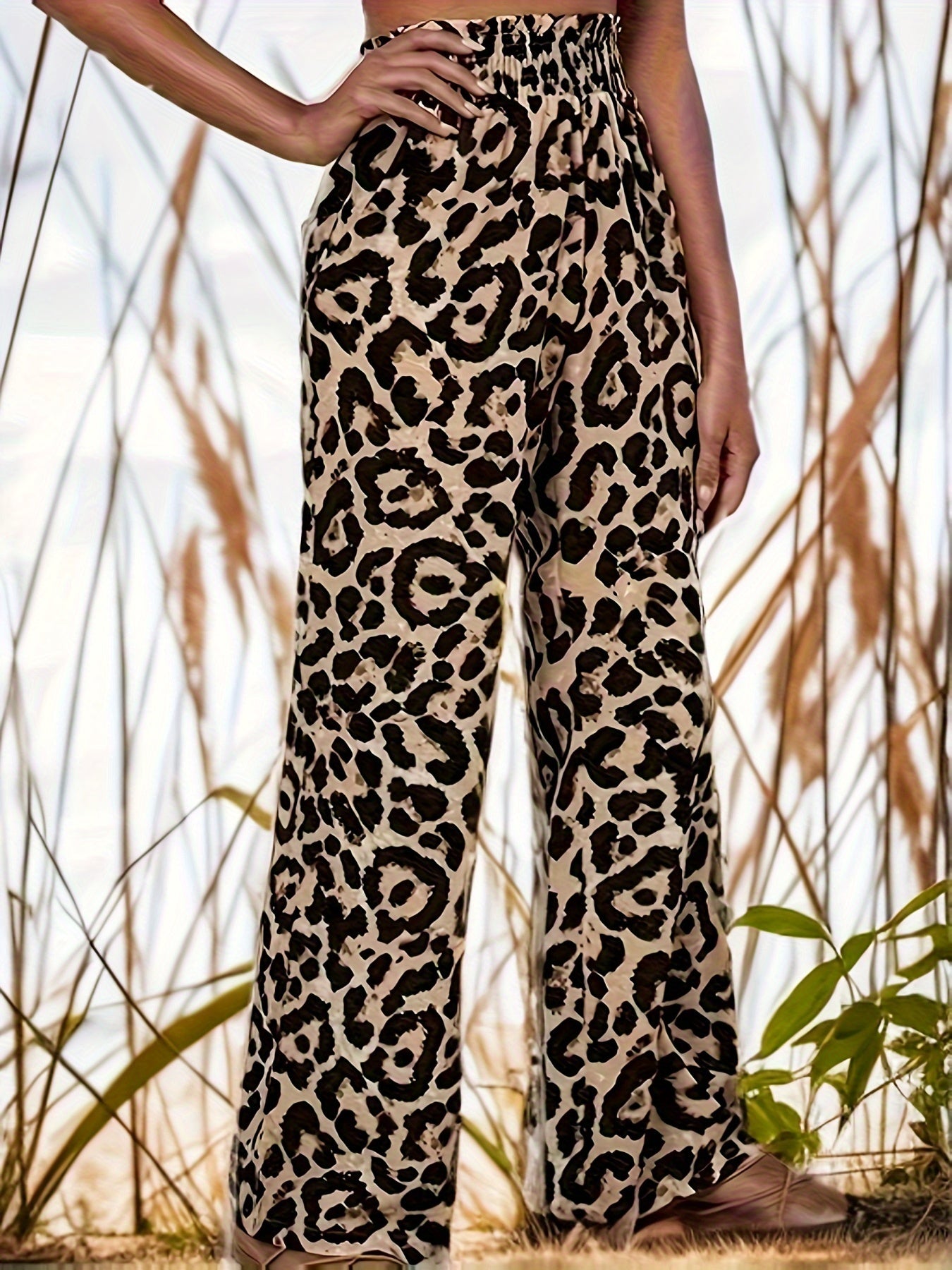  Leopard Print High Rise Wide Leg Pants