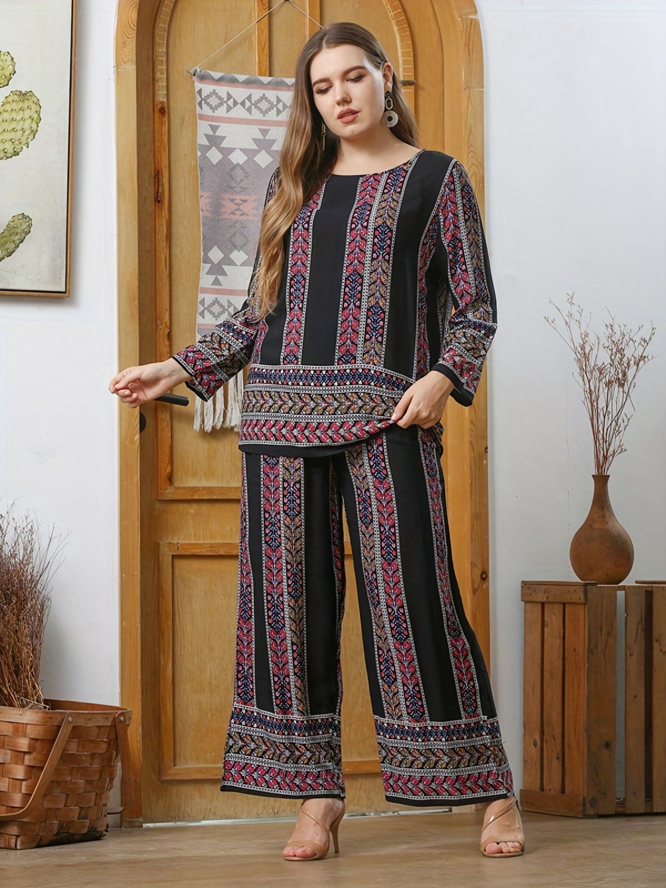  2 Piece Set Women's Plus Random Print Long Sleeve Top & Pants Outfits