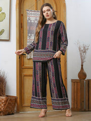  2 Piece Set Women's Plus Random Print Long Sleeve Top & Pants Outfits