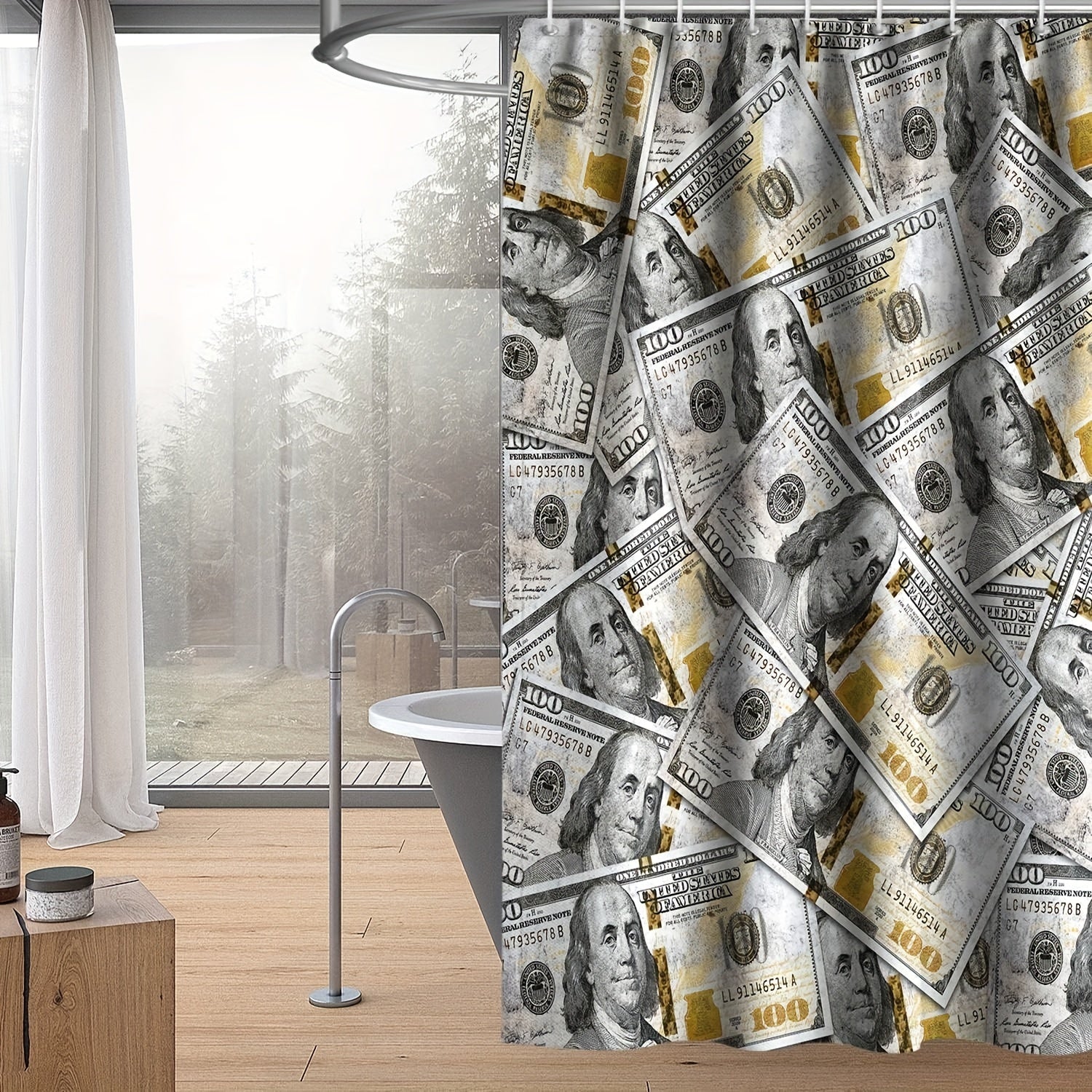 Money Shower Curtain Cash Theme Bathroom Decor Waterproof Polyester