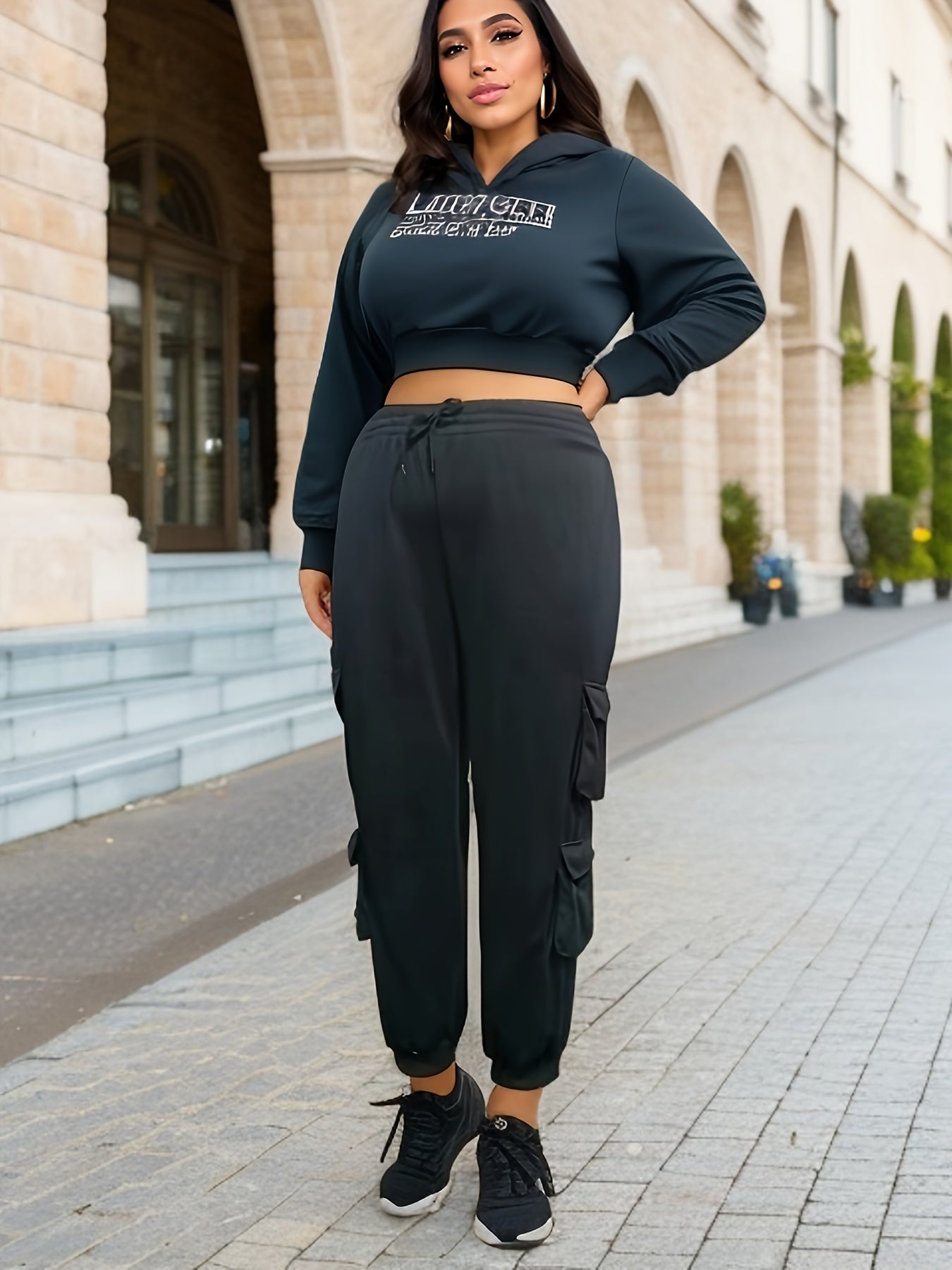 Women's Plus High Rise Cargo Pants Elastic Drawstring Pockets