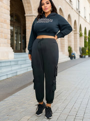 Women's Plus High Rise Cargo Pants Elastic Drawstring Pockets