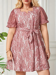  Solid Lace Puff Sleeve Mini Dress With Belt