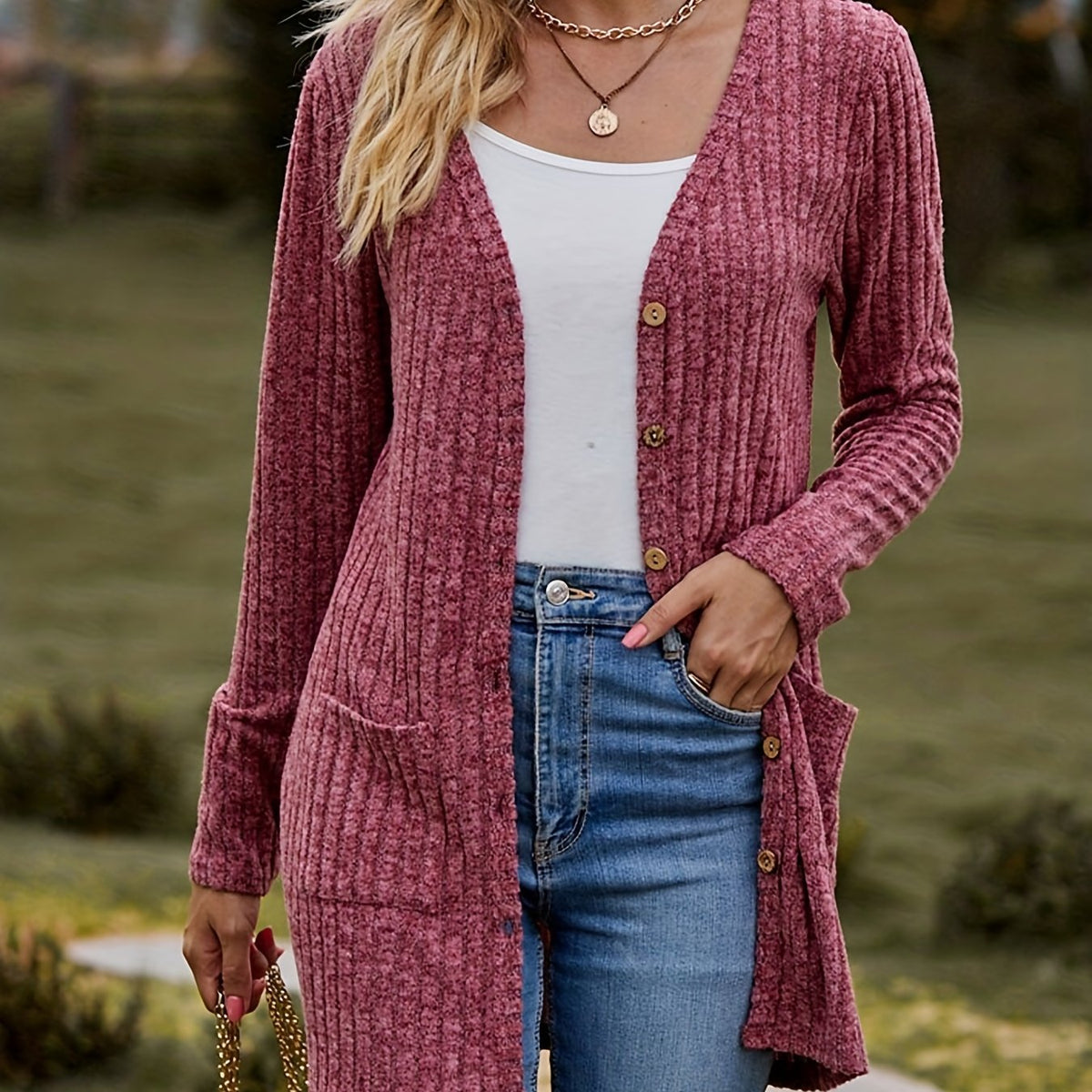  Solid Ribbed Button Up Cardigan with Pockets