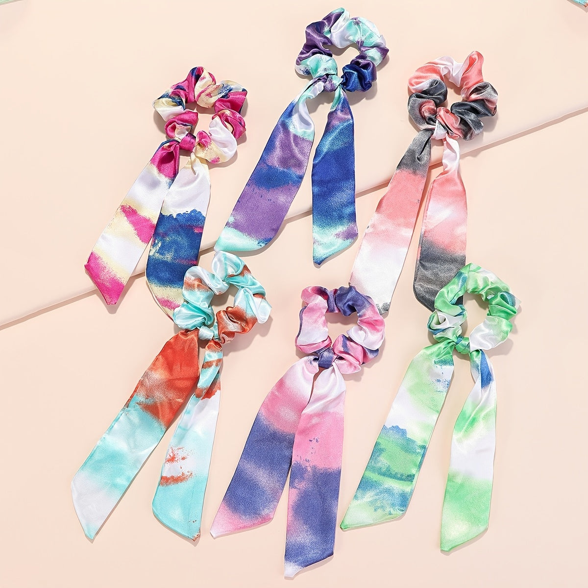 6pcs Silk Satin Hair Scrunchies Hair Scarf Boho Vintage Tie Dye Hair Tie