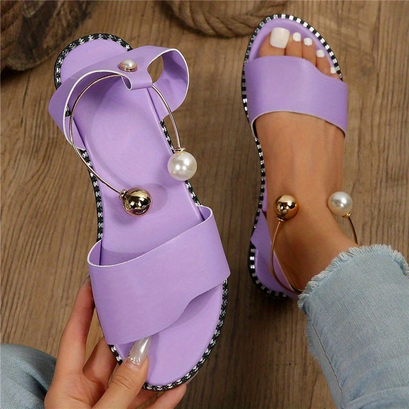 Women's Faux Pearl Ankle Strap Flat Sandals