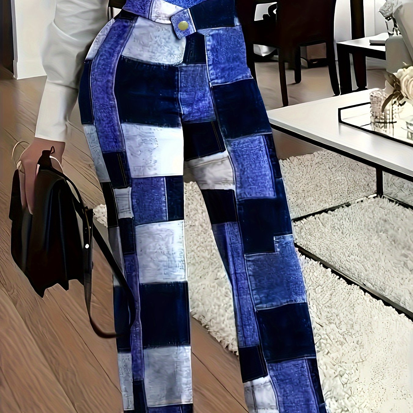  Colorblock Denim Print Button Detail Wide Leg Trousers